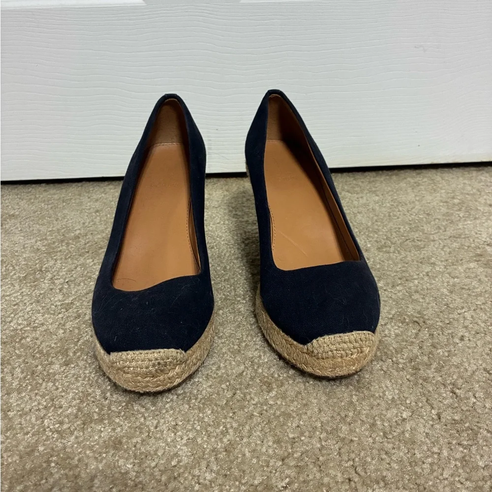 J Crew wedge espadrille sandals closed toe navy stacked heel
